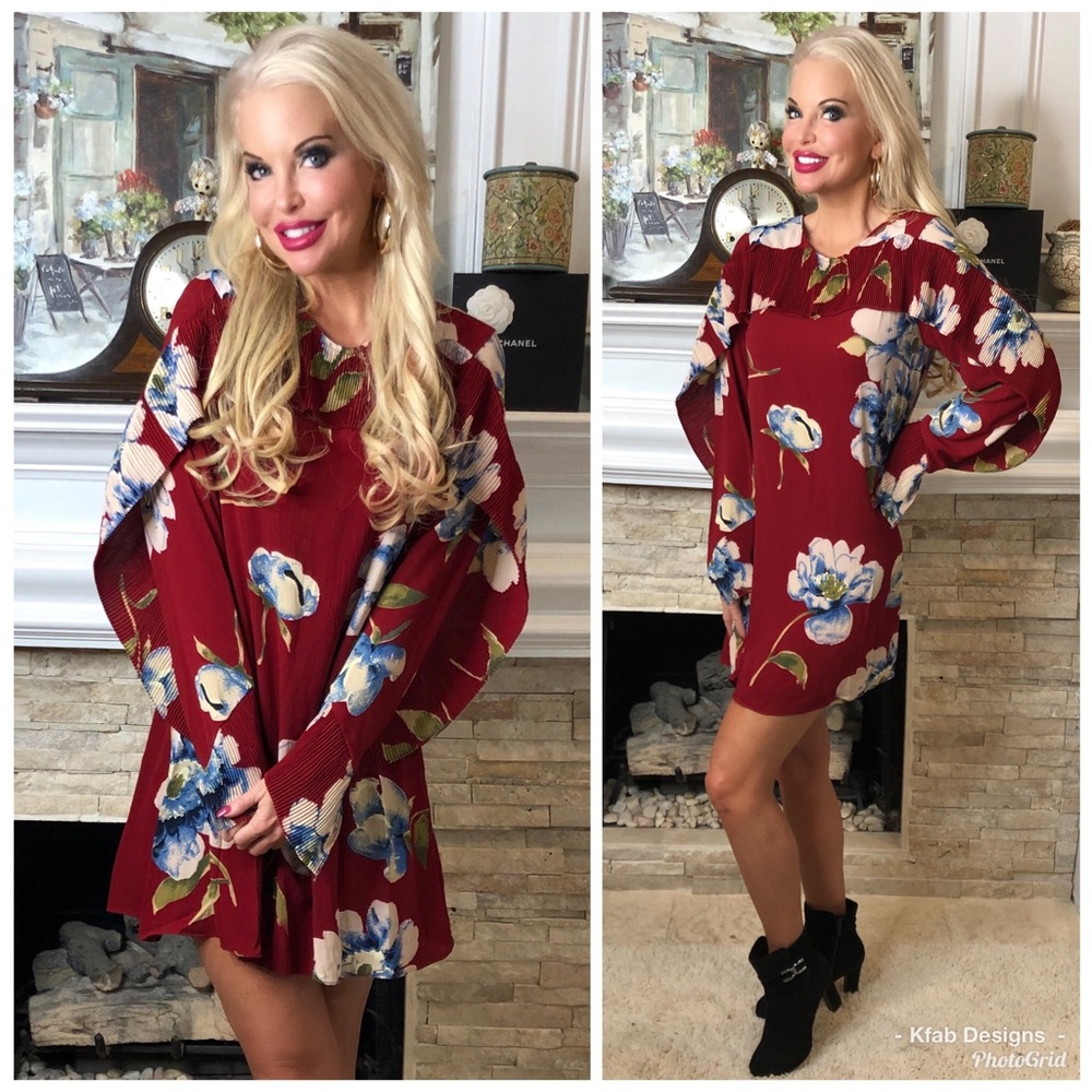 ❤️ LAST 2! Red Wine Fully Lined Floral Swing Dress - Picture 4 of 6